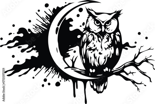 Owl Perched on Crescent Moon Silhouette on White Background