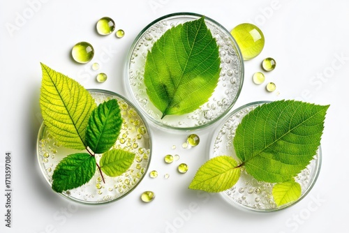 Three petri dishes hold vibrant green leaves with clear droplets on a white background, evoking natural science and organic compositions