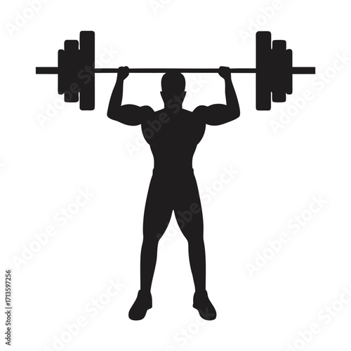 Silhouette of a muscular man lifting a barbell overhead with strength