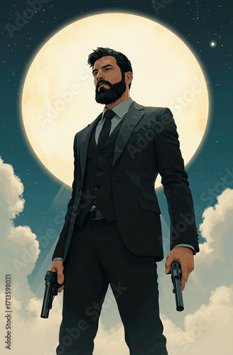 Man in suit holding guns against a large moon