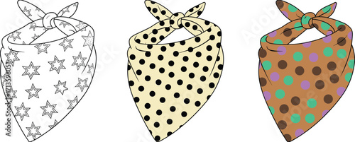 Bandana vector illustration, polka dot scarf, star pattern bandana, colorful neck accessory, stylish head scarf design for fashion art
