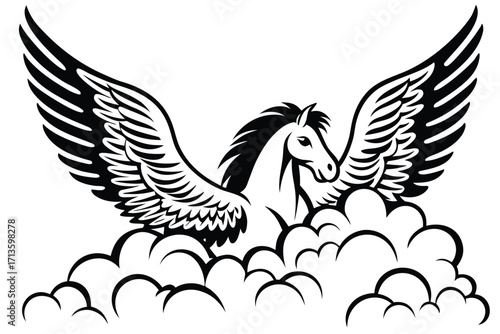 Pegasus in the Clouds with Wings on White Background