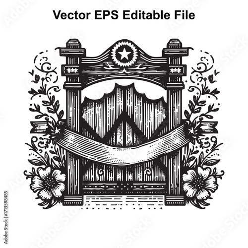 Vector art of vintage ornate gate with floral elements and banner
