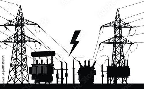 High voltage electricity transmission towers and power transformers, electric substation infrastructure, energy distribution network, industrial power supply system silhouette illustration