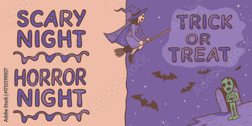 Vintage Halloween poster vector illustration in retro horror style featuring hand-drawn creepy characters: witch flying on broom, zombie girl, scary vampire, and werewolf monster. Bold distressed typo