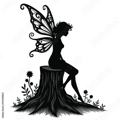 Black silhouette of a fairy with ornate wings sitting on a tree stump