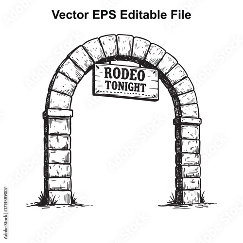 Vector art of handdrawn sketch of an arched stone entrance with a rodeo tonight sign