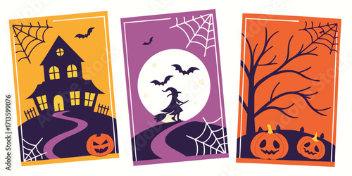 Halloween night colorful poster set featuring pumpkins, ghosts, witches, bats, and full moon. Vibrant vector illustrations for social media, event promotion, party invitations, and seasonal design.