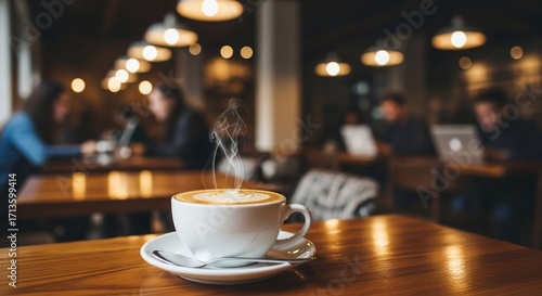 Steaming cup of coffee on a wooden table in a cafe.