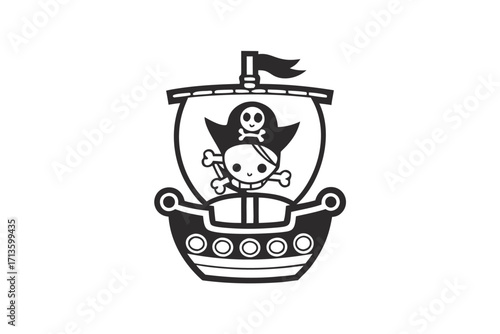 Pirate Ship Icon with Skull Flag and Black Sails on White Background