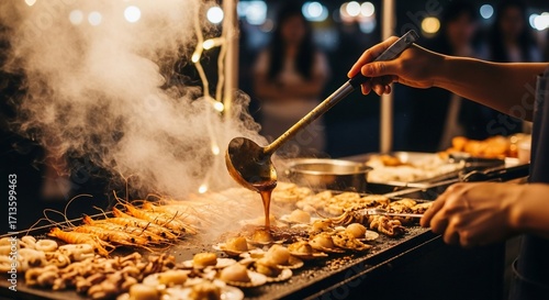 Street food vendor cooking delicious skewers with sauce at night.