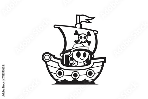 Pirate Ship Icon with Skull and Crossbones Sails, Nautical on White