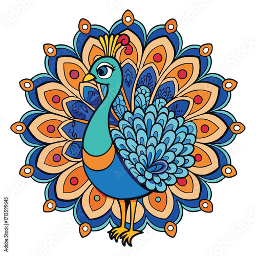 Colorful ornate peacock vector illustration with floral elements and swirl pattern