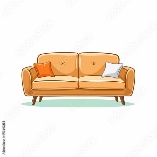 Cozy Beige Two Seater Sofa Illustration with Decorative Throw Pillows for Interior Design Concepts