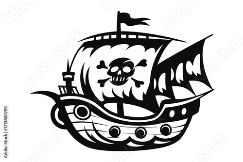 Pirate Ship Silhouette, Skull and Crossbones Icon, Cartoon Style, on White