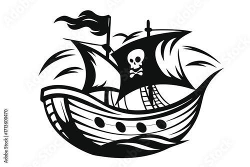 Pirate Ship with Skull and Crossbones Icon on White Background