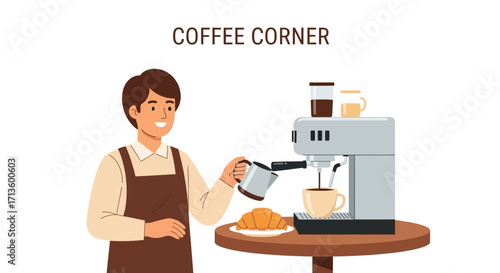 Coffee Corner Scene A barista pouring coffee into a cup with a croissant and machine