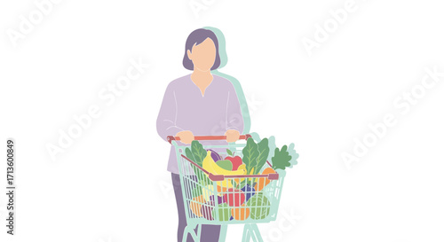 Woman with Shopping Cart Full of Groceries and Fresh Produce, Healthy Eating and Lifestyle