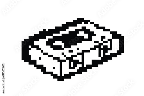 Pixel Art Cassette Tape Icon, Retro Audio, Monochrome Design On White Background