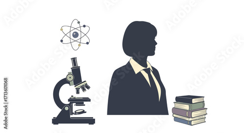 Conceptual portrayal of a professional woman's dedication to science and education, representing the pursuit of knowledge, academic research, and intellectual discovery in STEM