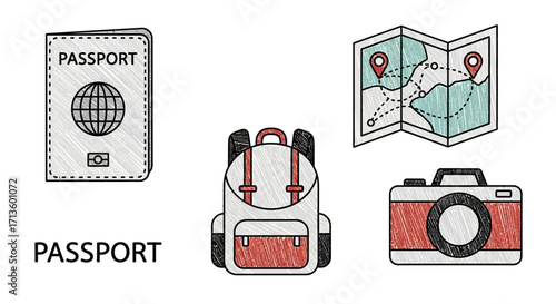 Travel Essentials Passport, Backpack, Map & Camera -  Adventure Awaits!