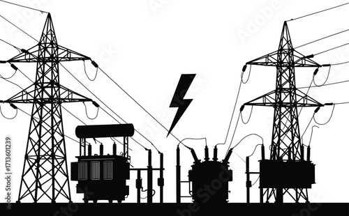 High voltage electricity transmission towers with power transformers, electric substation infrastructure, industrial energy distribution network, power grid supply system silhouette illustration