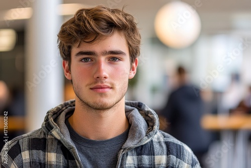 Portrait of a young male student or intern looking seriously at the camera, standing in an office or co-working space, preparing for an interview or exam, Generative AI