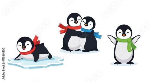 Adorable cartoon penguins wearing colorful scarves in winter scenes