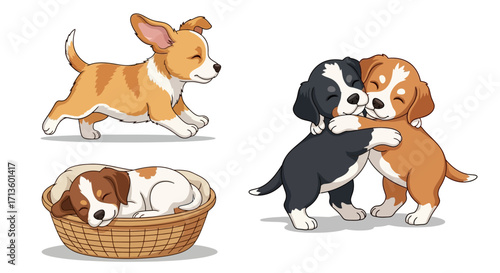 Adorable cartoon puppies: walking, sleeping in basket, and two hugging