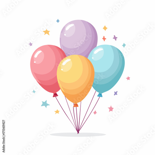 Colorful Pastel Balloon Bouquet Illustration with Decorative Sparkle Elements for Festive Celebration and Party Themes