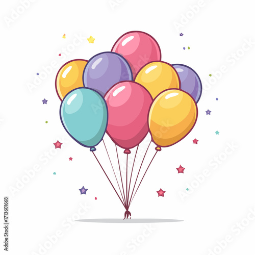 Colorful Festive Balloon Bouquet Illustration with Floating Stars for Birthday Party Decorations and Joyful Celebration Concepts