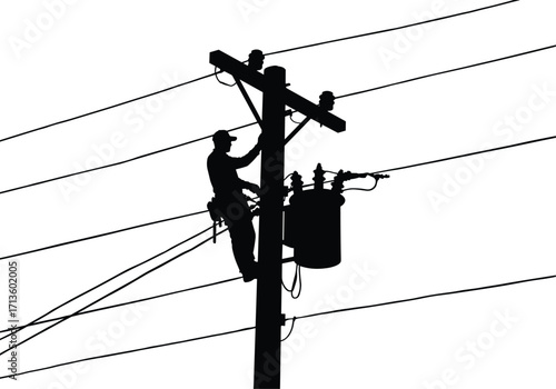 Silhouette of utility line worker repairing electrical transformer on power pole, high voltage maintenance, electricity distribution, energy infrastructure, outdoor service illustration
