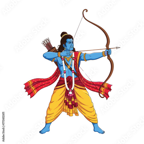 lord rama, rama illustration, hindu god, ramayana, indian mythology, blue skin deity, rama with bow, hindu religion, rama art, indian god, epic character, mythological hero, spiritual art, divine figu