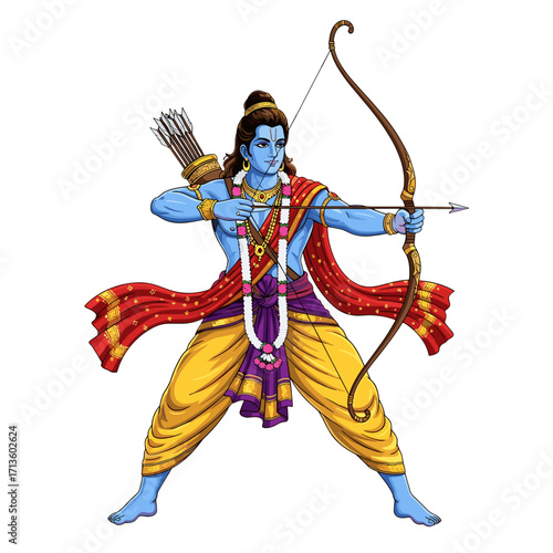 lord rama, rama illustration, hindu god, ramayana, indian mythology, blue skin deity, rama with bow, hindu religion, rama art, indian god, epic character, mythological hero, spiritual art, divine figu