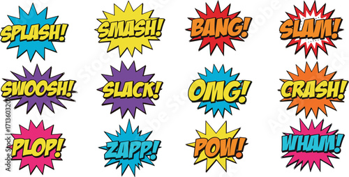 Colorful comic sound effect illustration, retro pop art style, cartoon action words, explosion text design, superhero comic book background