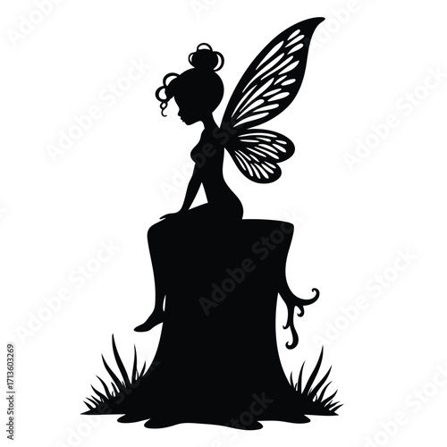 Black silhouette of a fairy with wings sitting on a tree stump