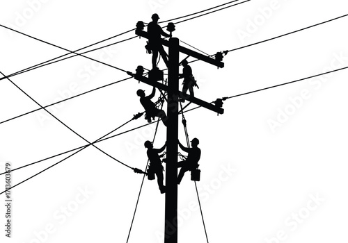Silhouette of multiple electrical line workers climbing utility pole, maintaining high voltage power lines, teamwork on electric grid, energy distribution infrastructure