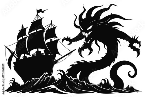 Silhouette of a Sailing Ship Under Attack by Sea Monster