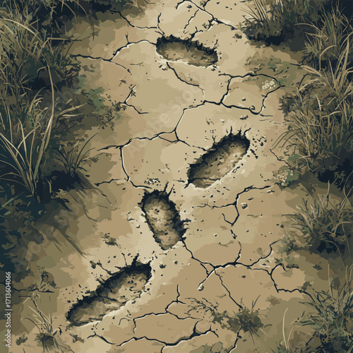 A cracked and muddy wetland surface with footprints of vanished wildlife. , vector style simple color