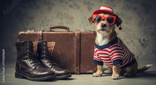 Stylish Dog with Sunglasses, Hat, and Striped Shirt Posing with Luggage.