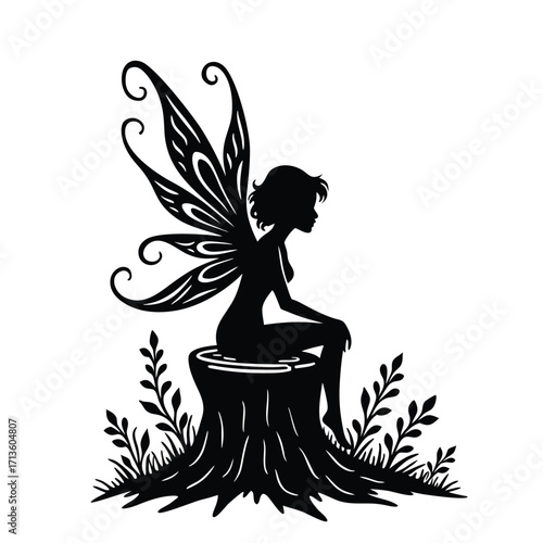 Black silhouette of a fairy with wings sitting on a tree stump