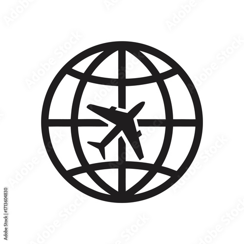 A simple black and white graphic depicting a plane flying around the world