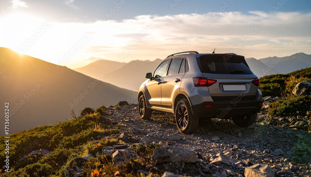 Fototapeta premium Silver SUV parked on a rocky mountain trail during a beautiful golden sunset.