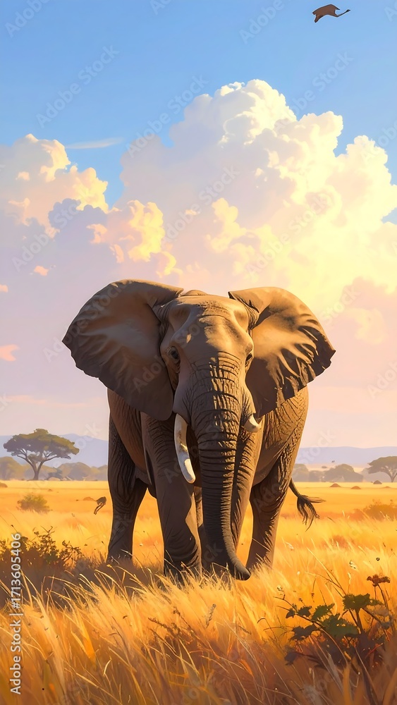 Fototapeta premium A majestic elephant stands amidst a golden savanna landscape, bathed in the warm light of a serene sunrise or sunset.