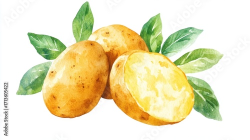 Fresh watercolor potatoes with green leaves on white background. National Mashed Potato Day