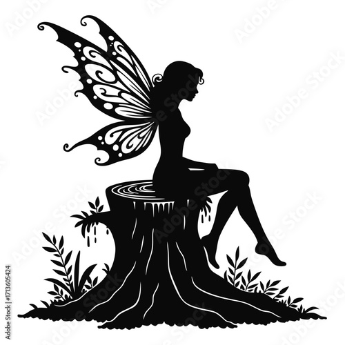 Black silhouette of a fairy with wings sitting on a tree stump