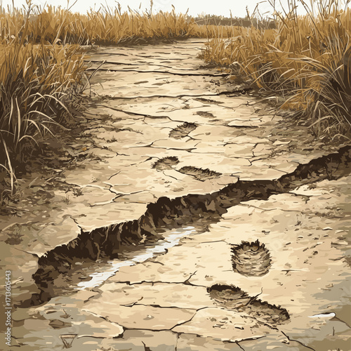 A cracked and muddy wetland surface with footprints of vanished wildlife. , vector style simple color
