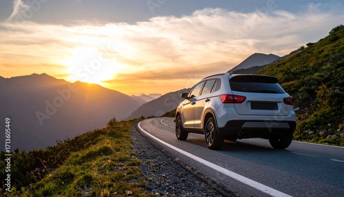 Silver SUV Driving on a Scenic Mountain Road at Sunset.