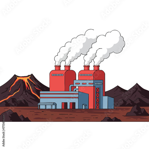 A vibrant 2D flat vector illustration portrays a geothermal power plant emitting steam from vents, situated in a stylized, barren volcanic landscape with clean outlines on a white background.