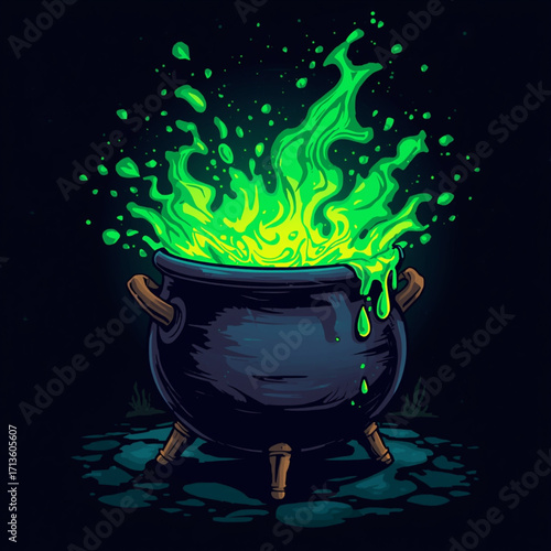 Bubbling green potion in a cauldron with flames